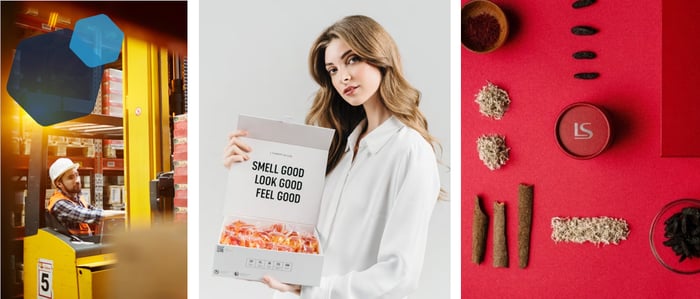 man on fork lift, woman holing laundry sauce kit, herbs with laundry sauce container