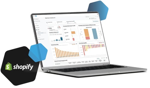 shopify logo next to computer with cart.com software screen