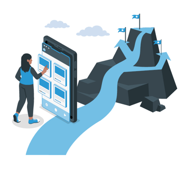 customer shopping products on ecommerce site, path branching off to 3 different goal flags