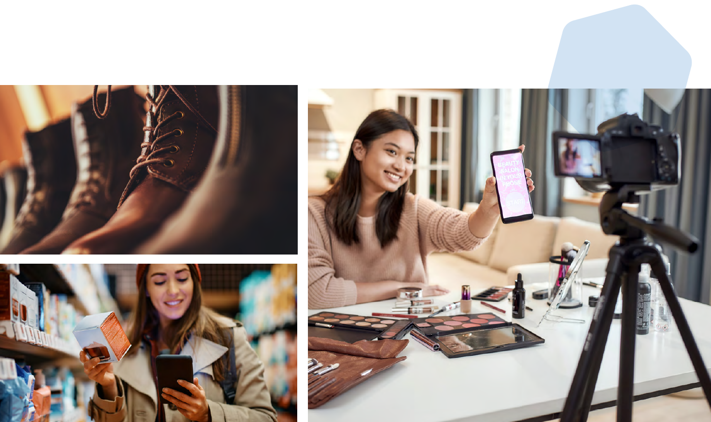split image of footwear, customer buying goods at a retail shop, customer recording unboxing video for cosmetics