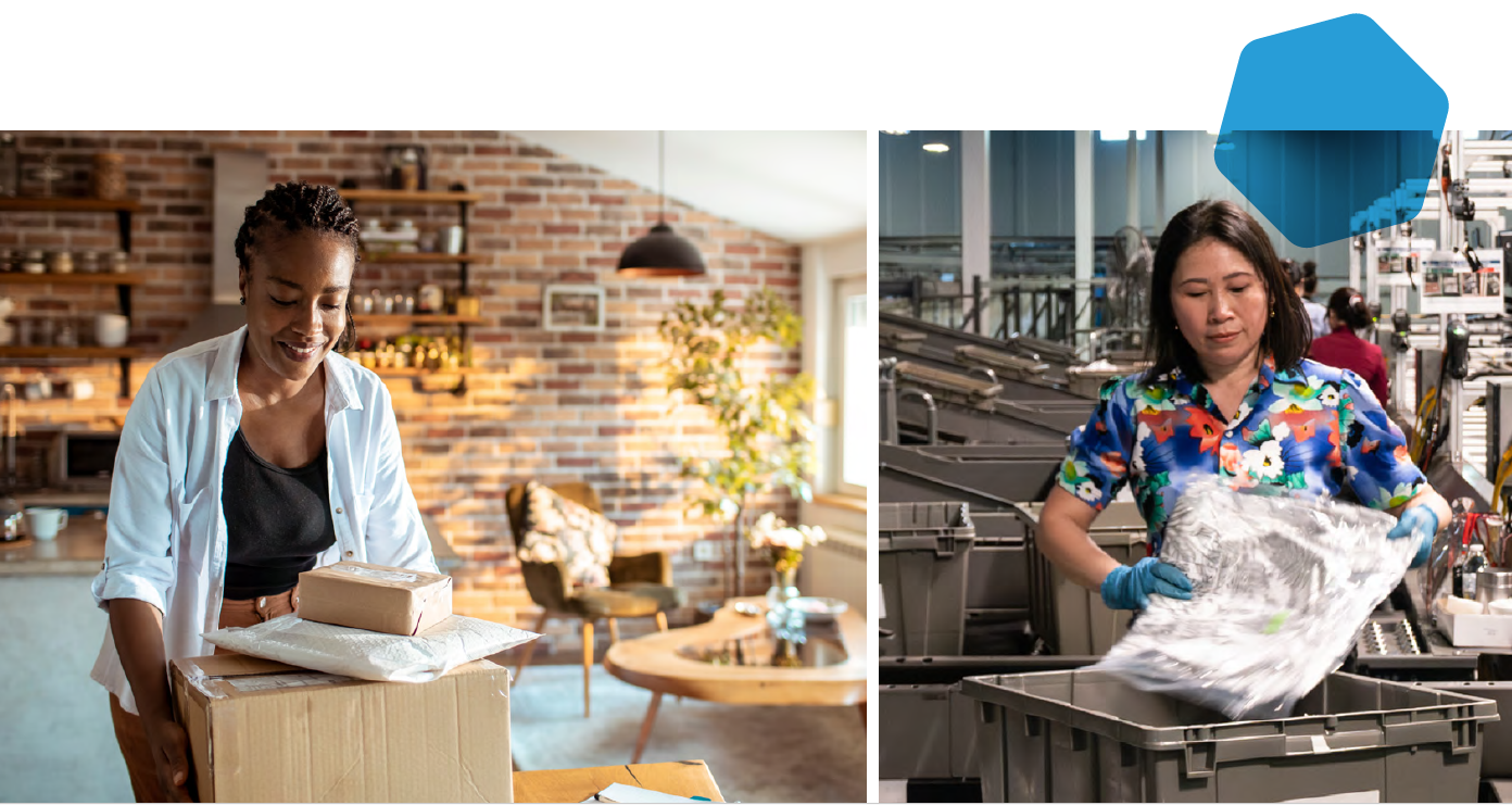split image of a customer receiving goods ordered online and a fulfillment warehouse employee sorting orders in bins